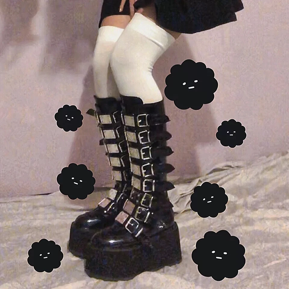Big Size 43 Women's High Boots Platform Wedges Goth Black Mid Calf Motorcycle Women Buckle Trendy Cool Punk Zipper Shoes | Обувь