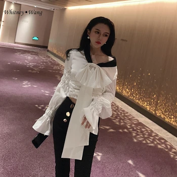 

WHITNEY WANG Blouses 2020 Spring Fashion Streetwear Puff Sleeve Big Bow Blouse Women Blusas Lady Shirt Top