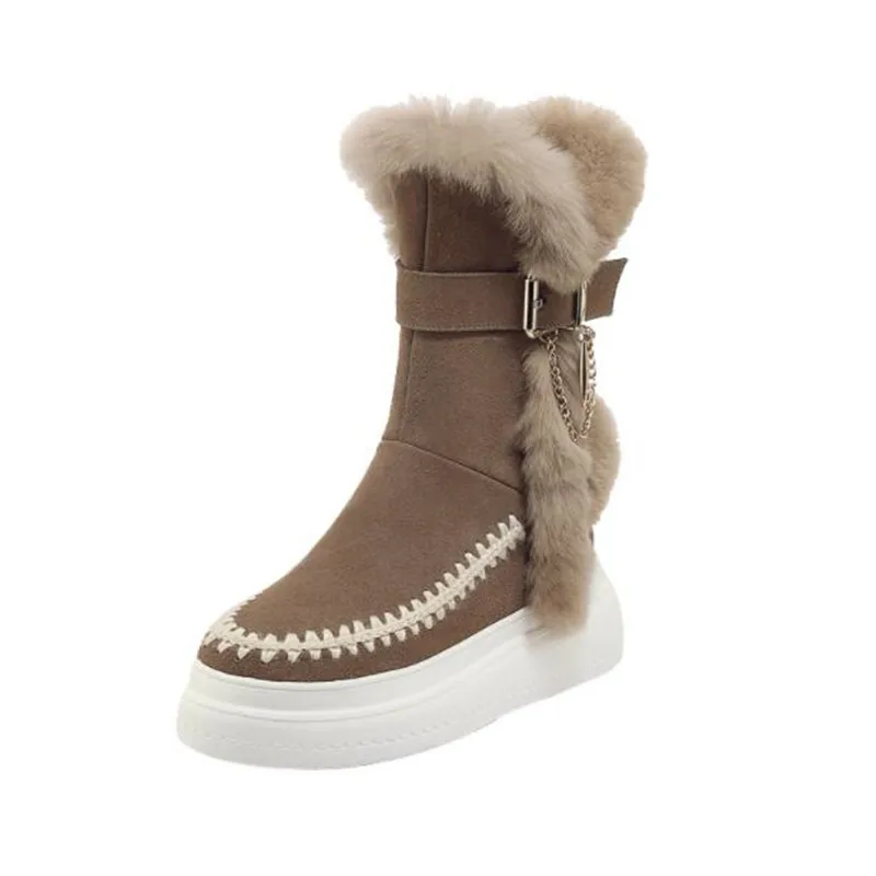 Winter fur trim embellished snow boots female rabbit fur flat platform warm boots ankle long shoes women