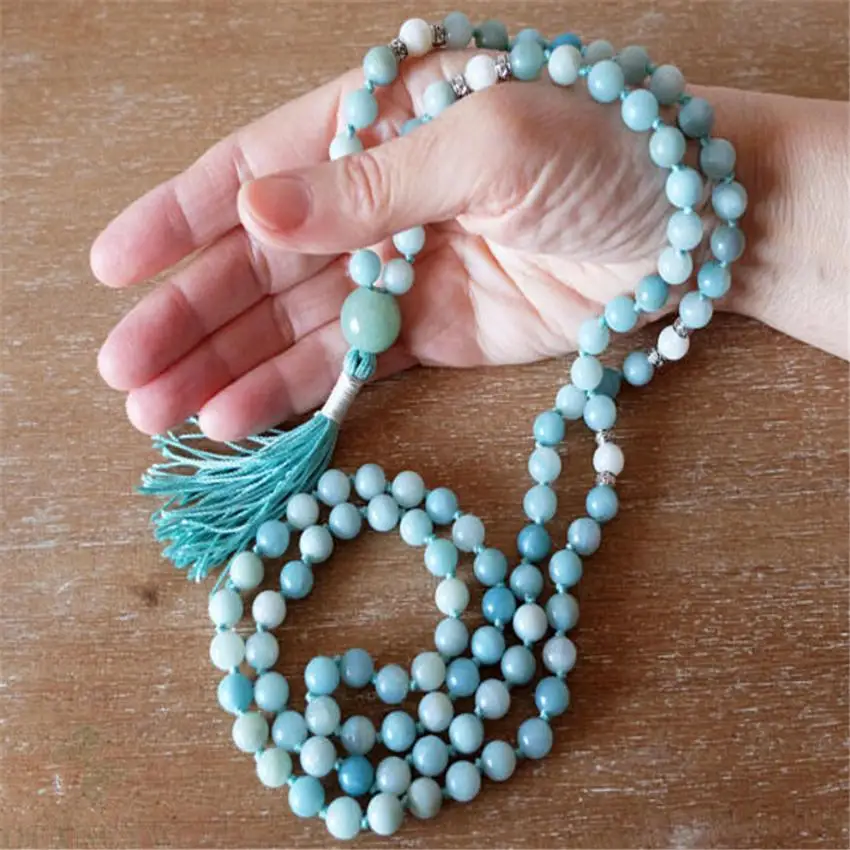 

8mm Aquamarine Gemstone Mala necklace Tassel 108 Beads Chakas Hot Lucky Fancy cuff Buddhism Veins chain MONK Sutra pray energy