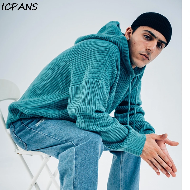 Мужской свитер в стиле хип хоп ICPANS Свободный пуловер с капюшоном хлопковый