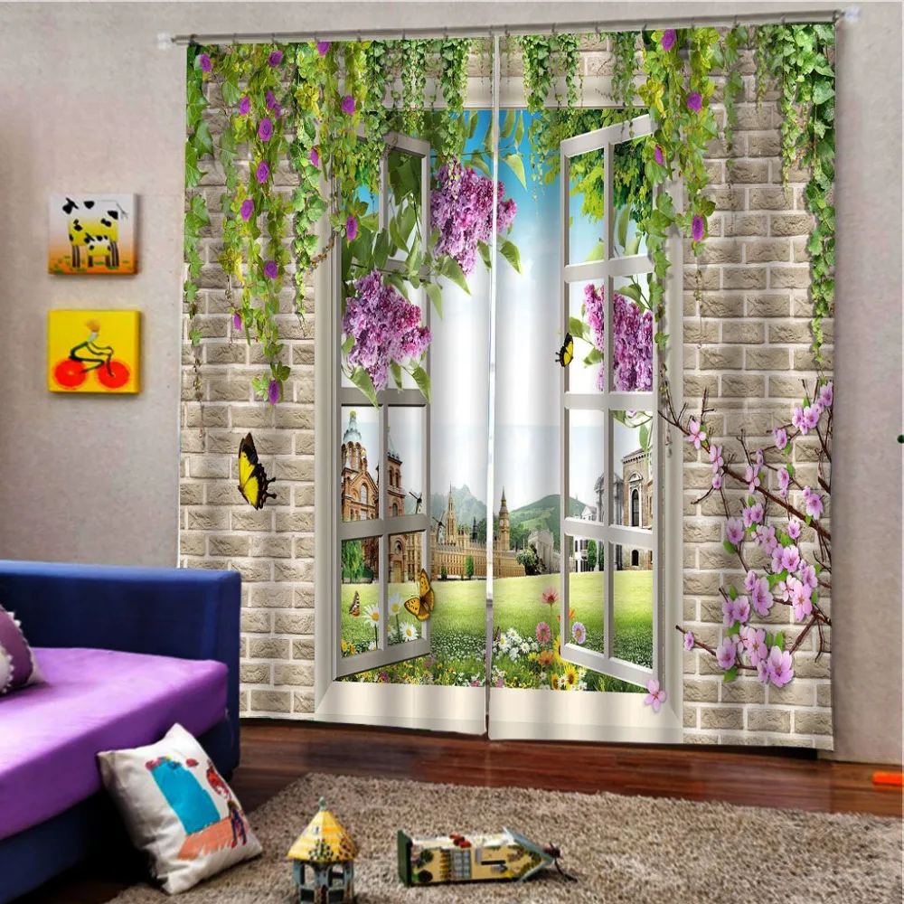 High quality custom 3d curtain fabric Birck wall curtains window curtain purple flower lines curtain