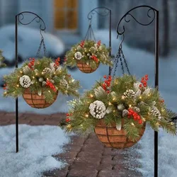 20 Inch Artificial Christmas Hanging Basket with Led String Lights, Pre-Lit Christmas Hanging Basket Hanging Flowers
