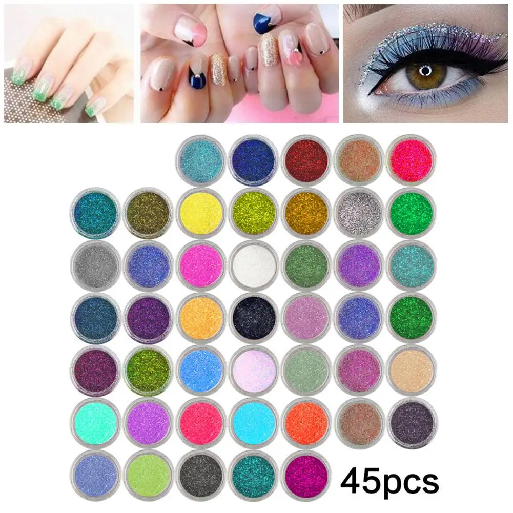 45pcs colour 12/24/45 шт Цвета комплект Флаш Алмазный Блестящий мерцающий порошок для Временные татуировки для детей Чистка для лица и тела, ногти "сделай сам", живопись на холсте, инструмент для макияжа - Цвет: 45pcs colour