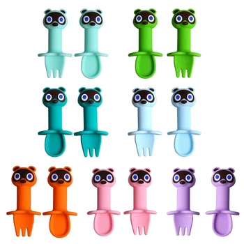 

2Pcs/Set Detachable Baby Spoon Fork Set Cartoon Silicone Teether Toys Anti-slip Feeding Training Utensils Learning Tableware
