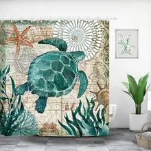 

Marine Life Sea Turtle Shower Curtain , Ocean Animal Landscape on Retro Nautical Map Art Print, Fabric Bathroom Shower Curtain