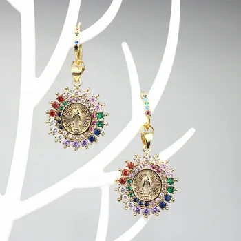 

5pair/lot Fashion rainbow religion shape cz earring,Virgin Mary cubic zircon component,wholesale cz pendant earring