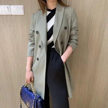 

Luxury Wool Blazers Women 2020 Fall New High End Tunic Slim Jacket Double Breasted Worsted Wool Coat Avocado Green Blazers