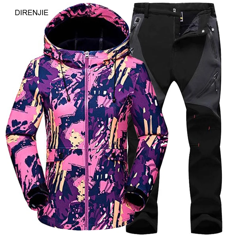 

Woman Winter Fleece Warm Trekking Fishing Climbing Freeship Waterproof Jacket SoftShell Pants Sports Camping Hiking Trousers Set