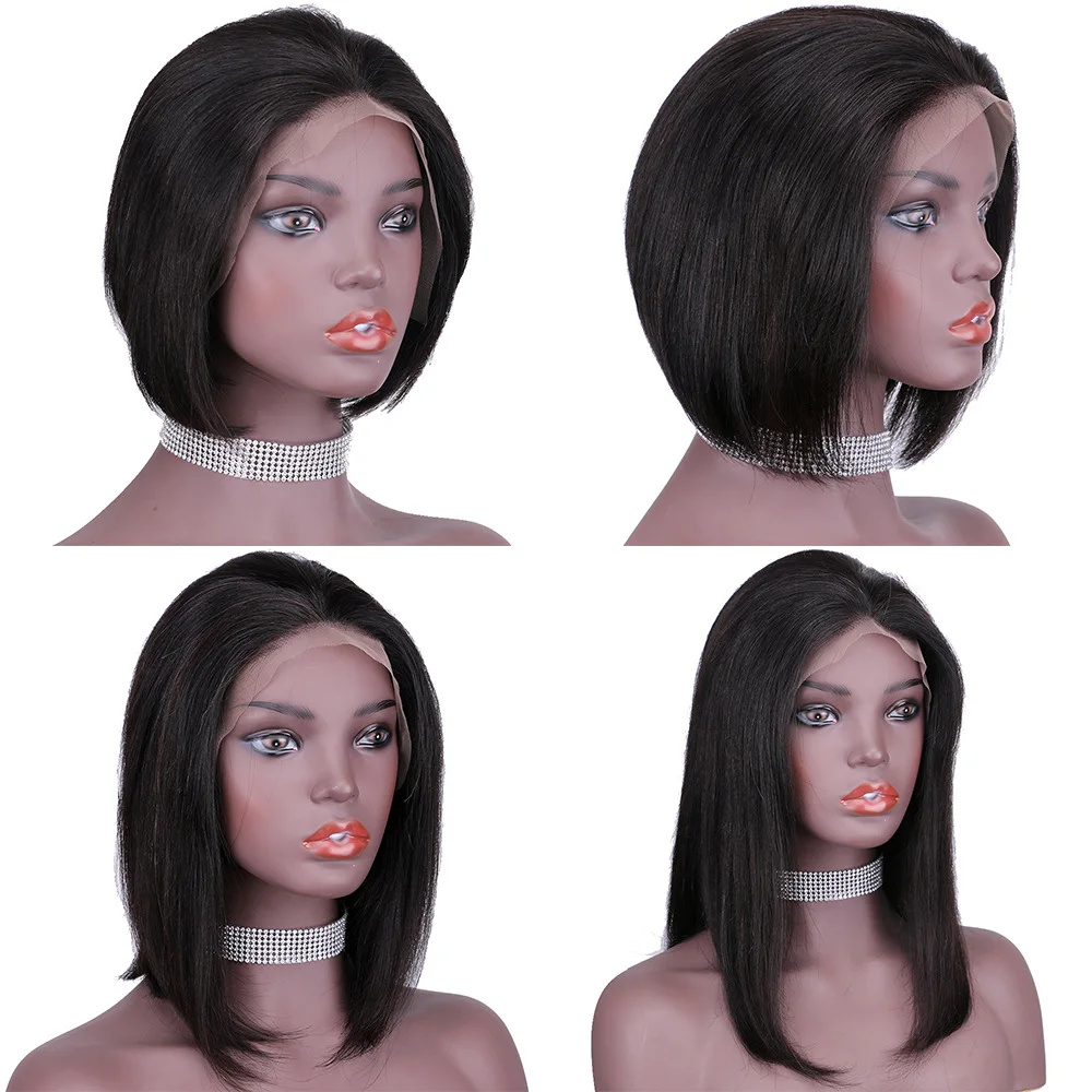 Peruvian 13*1 lace frontal wig straight short bob human hair wig for black women 150% density Middle part 8 10 12 14inch remy