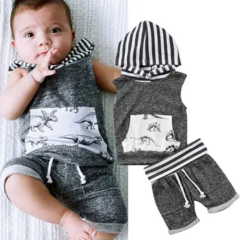 

Toddler Kids Baby Boy Clothes Set 2019 Gray Summer Dinosaur Hooded Sleeveless T-shirt Tops Shorts Outfit Cotton Clothing 2pcs