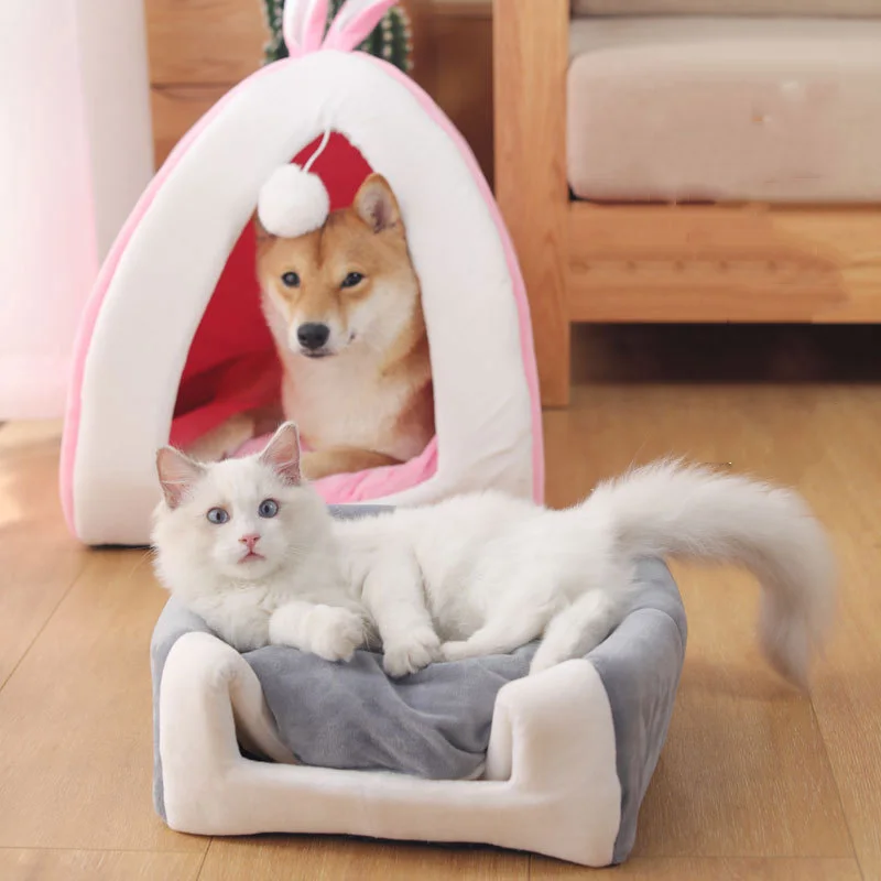 Лежанка для питомца кота, домашняя, домик для котенка, теплая, маленькая, для кошек, собак, гнездо, складной, для кошек, пещера, милые спальные коврики, ЗИМНИЕ ТОВАРЫ