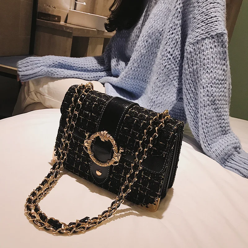 

INS Super Fire Bag Women's 2020 New Style Fashion Korean-style Versatile Shoulder Woolen Cloth Chain Fashion Small Square Bag