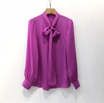 

Women's Shirt Purple Silk Ribbon Casual Long Sleeve Loose Blouse Elegant Female Tops