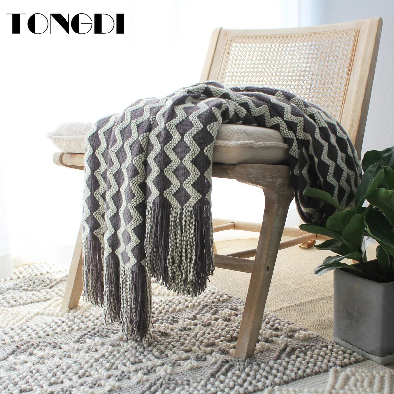 

TONGDI Boho Soft Warm Fashionable Wave Lace Fringed Knitting Wool Blanket Luxury Pretty Decor For Girl Summer Handmade Sleeping