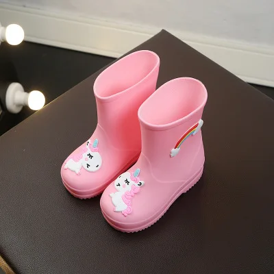 pink Детские резиновые сапоги; детские ботинки единорог с героями мультфильмов; водонепроницаемые резиновые ботинки для девочек и мальчиков; нескользящие теплые Съемные сапоги - Цвет: pink