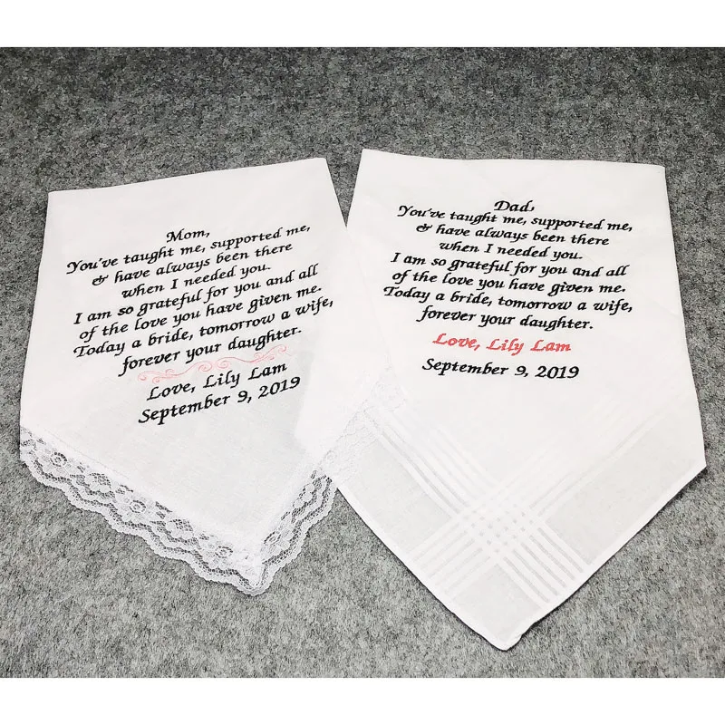  1PC Personalized Wedding Embroidered Handkerchief for Mother and Father of the Bride Handkerchiefs 