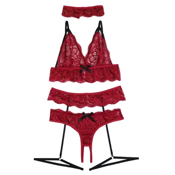

Sexy Harness Underwear Lace Garter Belts Womens Lingerie Porno Hollow Out Lingerie Set See-though 4 Piece Bra & Panty Set Red