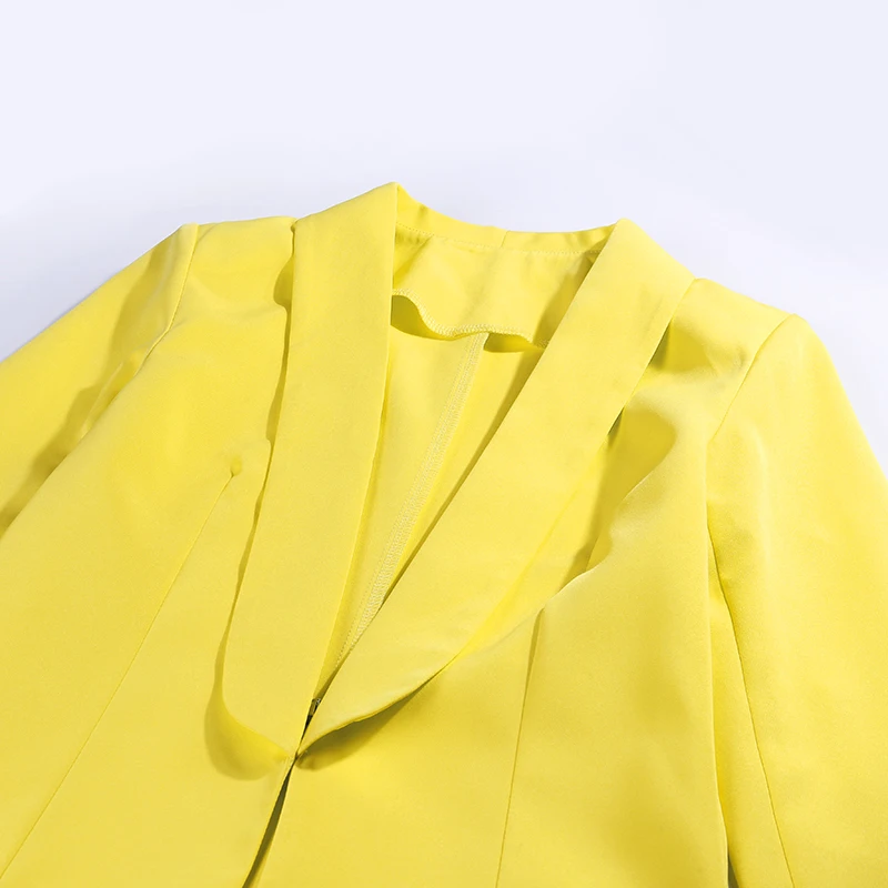 InstaHot/Желтый Повседневный Блейзер и брюки с высокой талией, костюм, наборы, Офисная Женская куртка на одной пуговице, Осенний Элегантный комплект из двух предметов для женщин