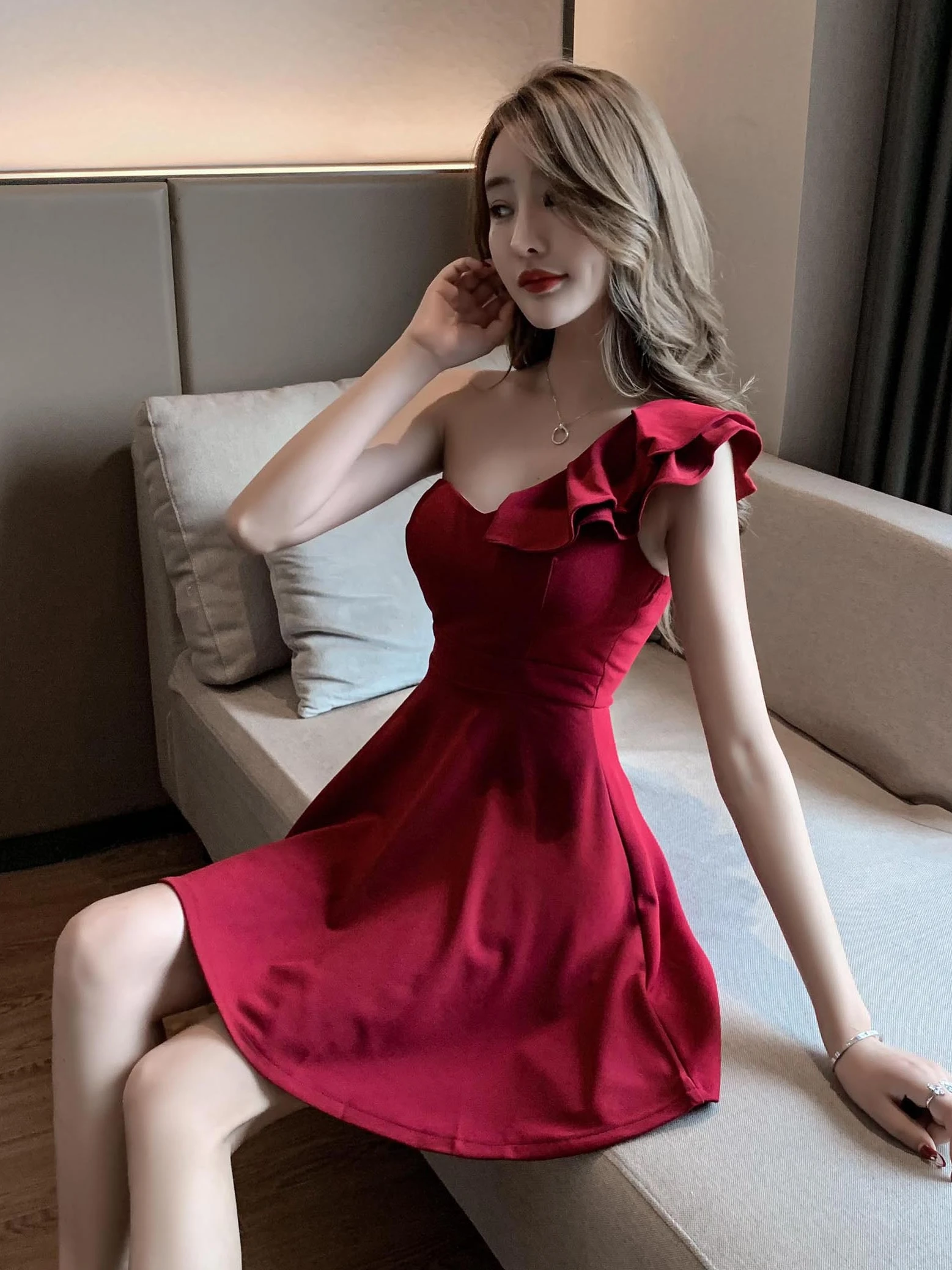 Nightclub Women Fashion Temperament Female Low-cut Oblique Shoulder  Burgundy Sexy Dress Office Lady Polyester - Dresses - AliExpress