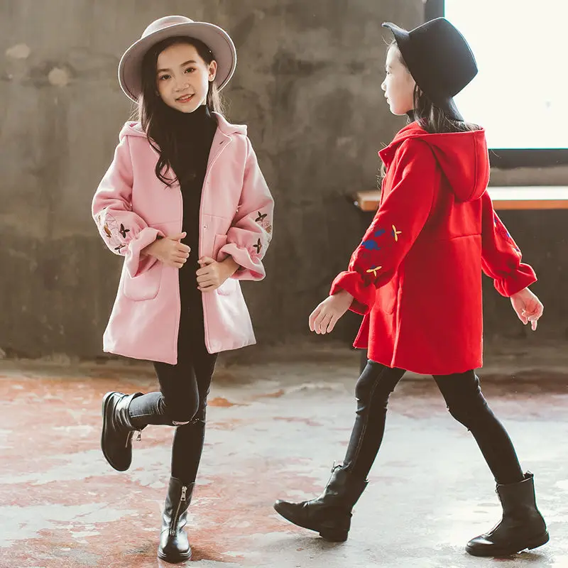 

The New Winter Girls Long Jackets Kid's Outerwear Clothes Toddler Children Clothes Casual Turn-down Collar Plaid Woolen Coat