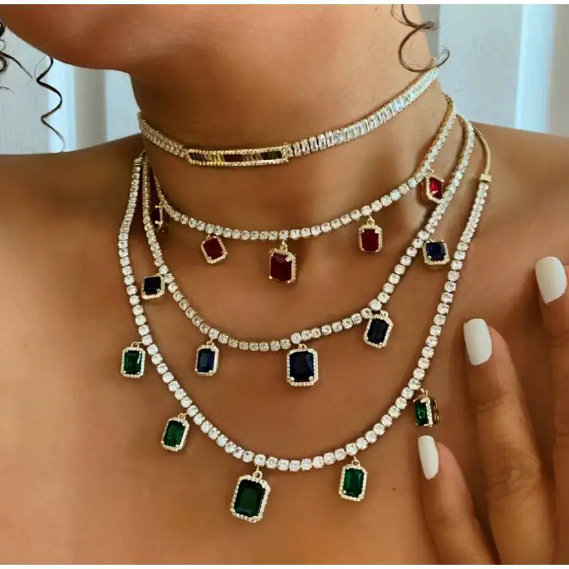 Белый зеленый красный цветной Багет cz падение теннис ожерелье льдом из bling чокер