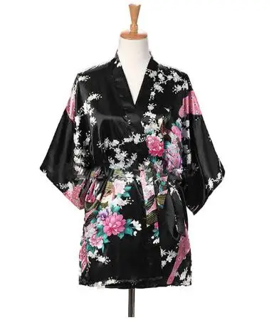 Lace Up Woman Peacock Print Japanese Kimono Yukata Silk Satin Short Style Sleepwear Home Nightgown Bath Robe Costume