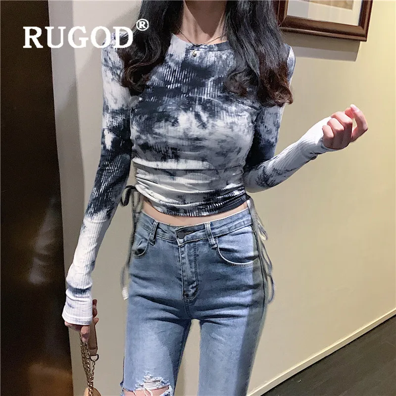 RUGOD осень зима стиль Шикарный галстук-краситель шнурок о-образный вырез трикотаж сборная Талия Обрезанные Топы Мода