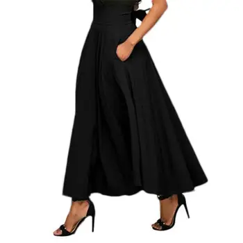 

Women Stretch High Waist Skater Flared Pleated Swing Skirt with Belt Long Dress