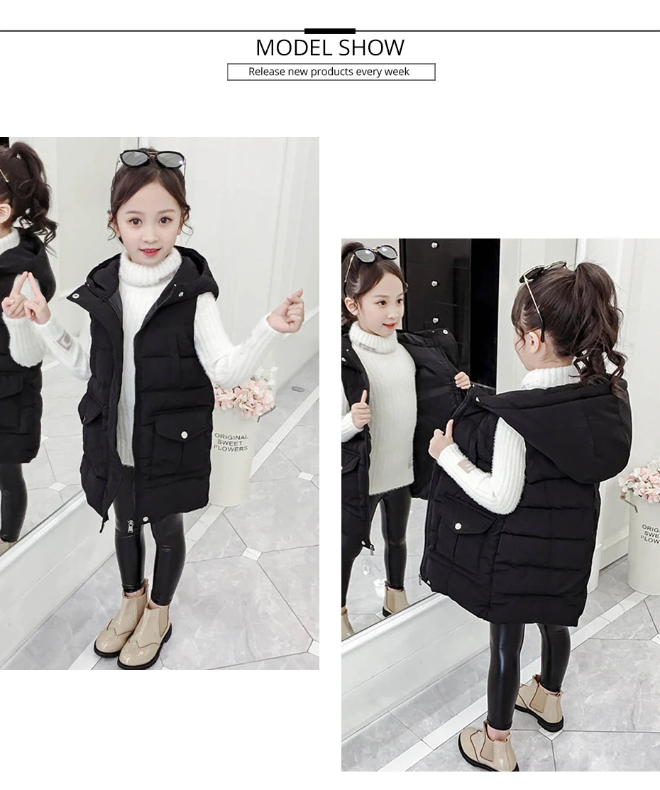 Down Coat For Girl Solid Hooded Vest For Girls Sleeveless Outerwear For Children Autumn Casual Children's Winter Parkas For Girl