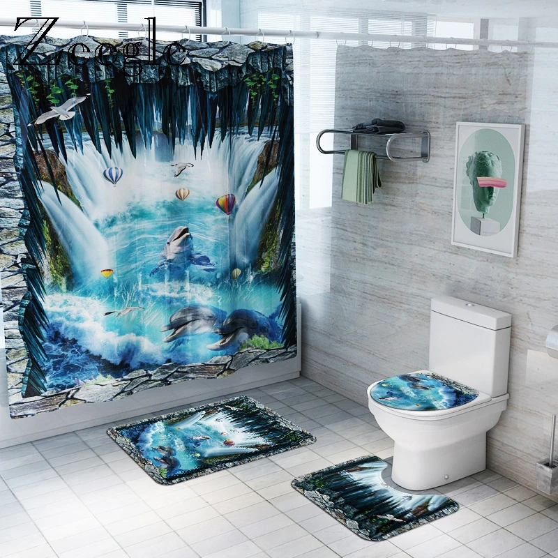 3D Dolphin Bathroom Carpet Shower Curtain Bath Mat Set Waterproof Bathroom Curtain Flannel Soft Bathroom Toilet Seat Cover Mat