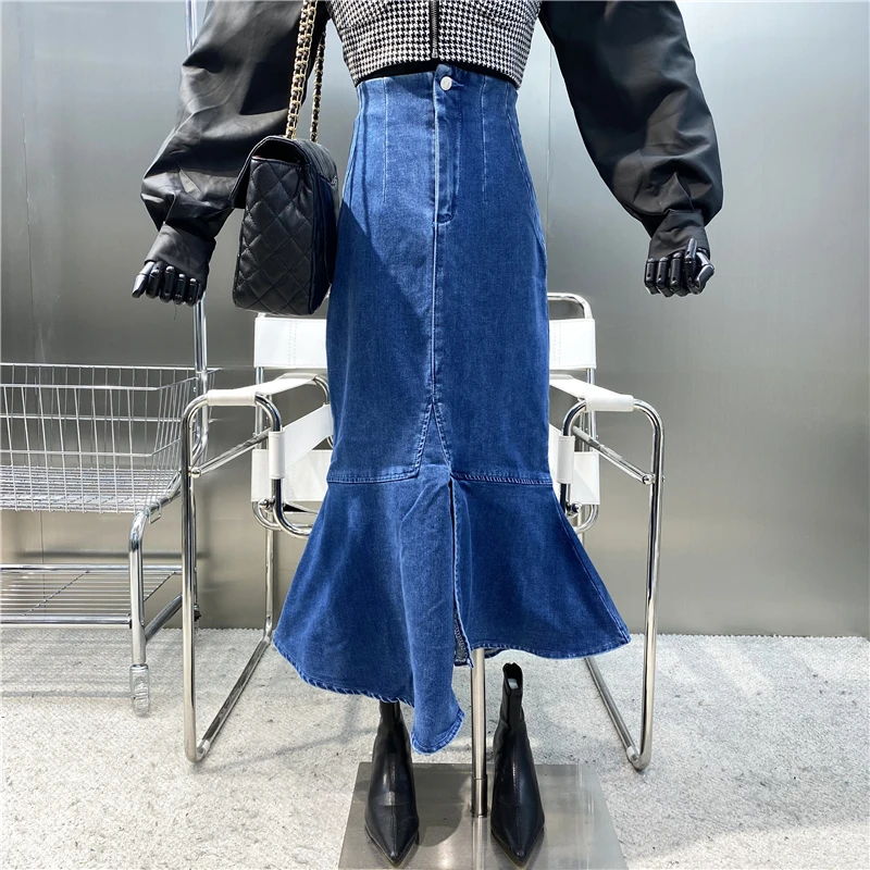 

Новая брендовая оригинальный дизайн 2021 Облегающая джинсовая юбка рыбий хвост с высокой талией универсальная Асимметричная юбка с разрезом и запахом на бедрах