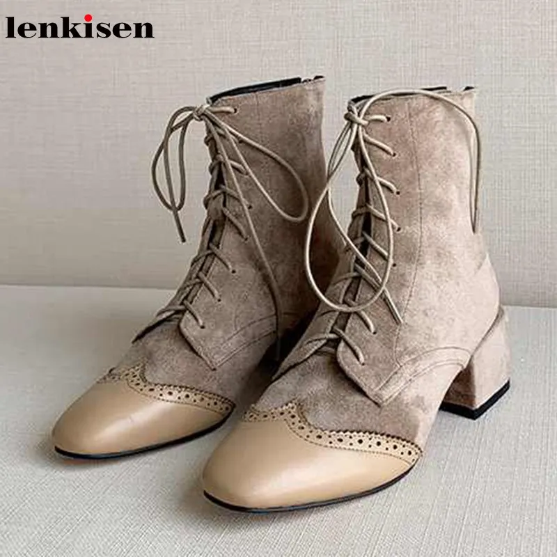 

Lenkisen brogue carved cow leather patchwork flock lace up round toe med heels winter warm fashion sweet women ankle boots L7f3