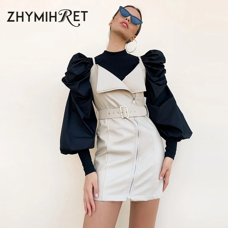 ZHYMIHRET, осенняя трикотажная Лоскутная футболка с рюшами и пышными рукавами, женская уличная футболка с длинным рукавом, топы в винтажном стиле, женская футболка