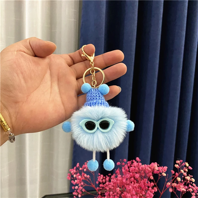 Cute Plush Doll Fur Fluffy Pompom Keychain Wearing Sunglasses