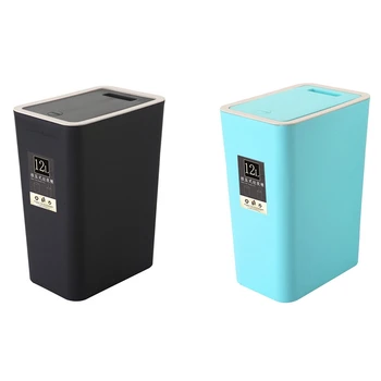 

2pcs 12L Bathroom Trash Can Toilet Kitchen Waste Bin Dustbin Garbage Bin Press Lid - black & blue