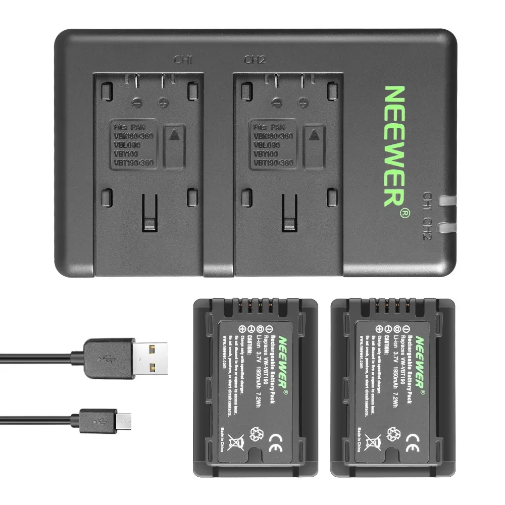 Neewer VW-VBT190 аккумулятор (2-Pack/1950 mAh) и двойной зарядный комплект usb Совместимость с Panasonic HC-V110 V130 V160 V180 HC-V201 V210