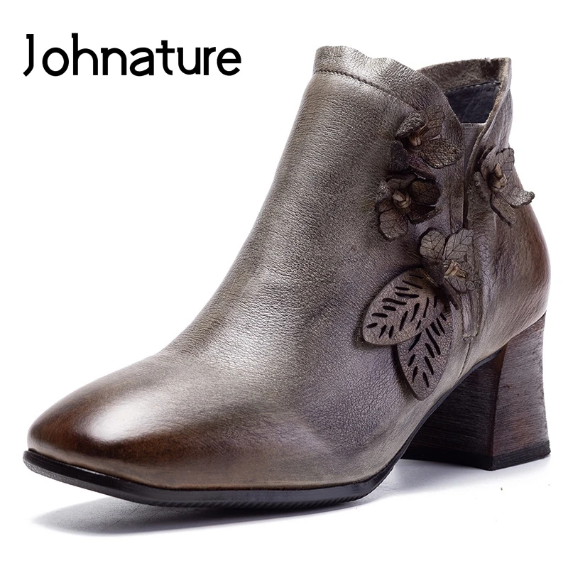 

Johnature Genuine Leather Women Shoes Platform Boots Square Toe 2020 New Autumn Flower Zipper Solid Color Ankle Women Boots