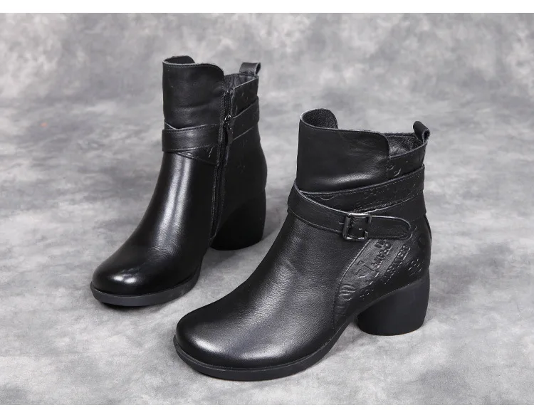 New Women Winter Snow Boots Mid-Calf Solid Thick High Heels Genuine Leather Shoes Women Warm Plush Boots Ladies