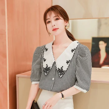 

COIGARSAM Vintage Plaid Shirt Womens tops New Summer Embroidery Peter pan Collar Puff Sleeve Women shirts Grid 6965