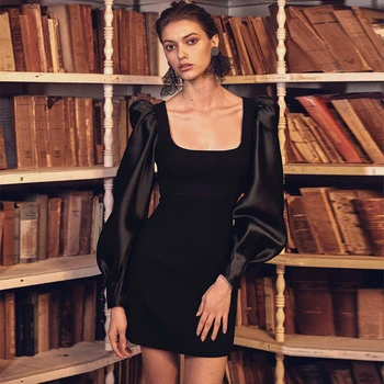

Newest Celebrity Evening Party Bodycon Bandage Dress Women Black Lantern Sleeve Sexy Night Out Mini Club Dress Women Vestidos