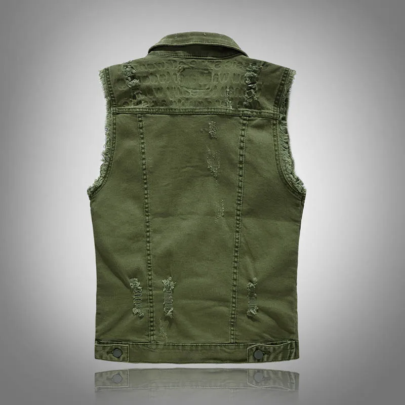 KIOVNO Men's Ripped Casual Denim Vest Solid Color Trun Down Collar Waistcoats For Male Sleeves Jeans Jackets Army Green (2)