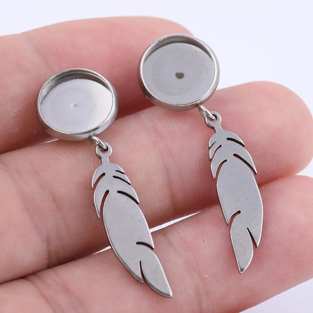 10pcs Stainless Steel Earring Findings Fitting 10mm Cabochon Stud Earrings Base Blank Bezel Settings with feather charm