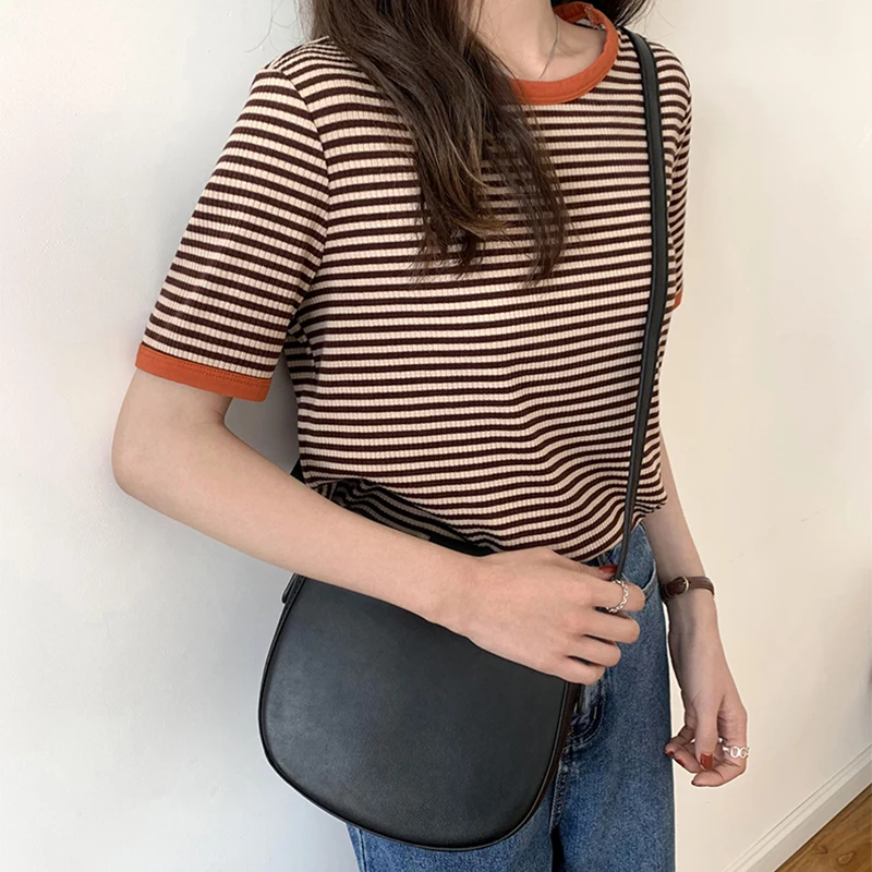 Striped Vintage Short Sleeve T Shirt Women 2022 Summer Korean Fashion T-shir Soft Tops Tshirts Casual O Neck Tee Shirt Female
