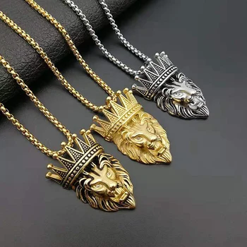 

Hip Hop Rock Gold Silver Color Stainless Steel Crown Lion Pendants Necklaces for Men Rapper Jewelry Drop Shipping