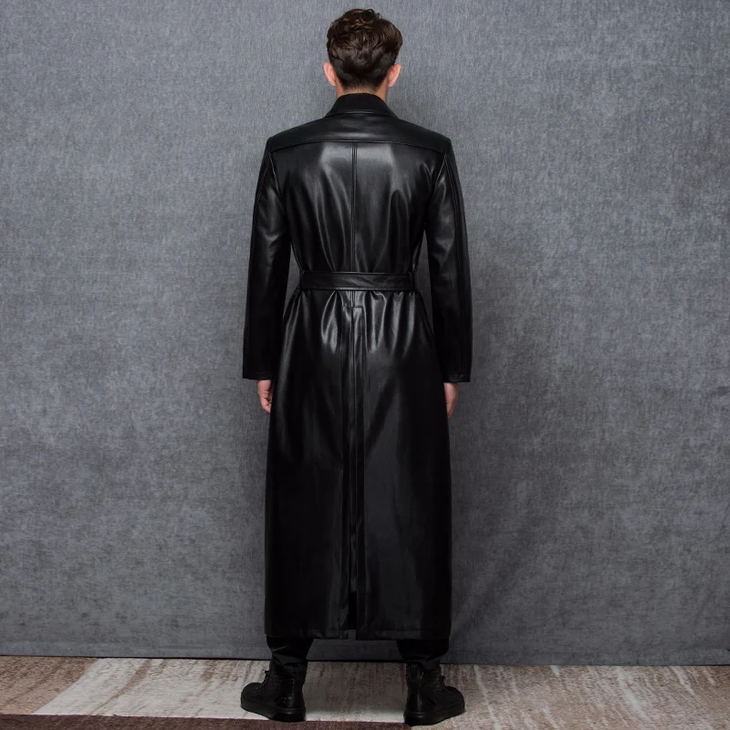Lautaro-Long Black Leather Trench Coat for Men, Long Sleeve, Double Breasted, Plus Size, PU Leather, Men's Clothing, 6XL, 7XL 2