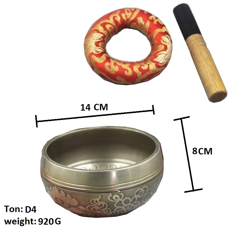 Тибетская Поющая чаша набор для медитации, исцеление чакры, Йога, с шелковой подушкой, деревянный молоток и чехол для переноски - Цвет: 14 CM