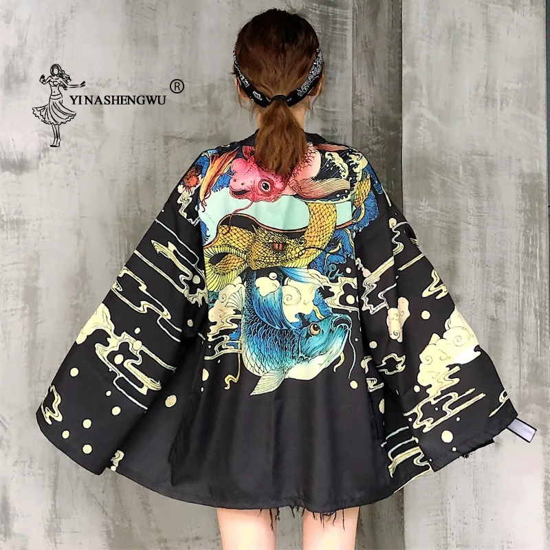 Yukata женский японский кимоно кардиган с принтом кота длинный рукав рубашка повседневные кимоно Femme Kawaii азиатское Кимоно костюмы косплей