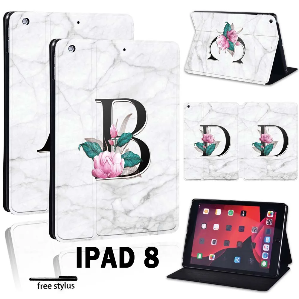 

For Apple iPad 8 10.2" 2020 (8th 8 Generation) A2428 A2429 Printed Initial Name PU Leather Smart Tablet Stand Folio Cover Case