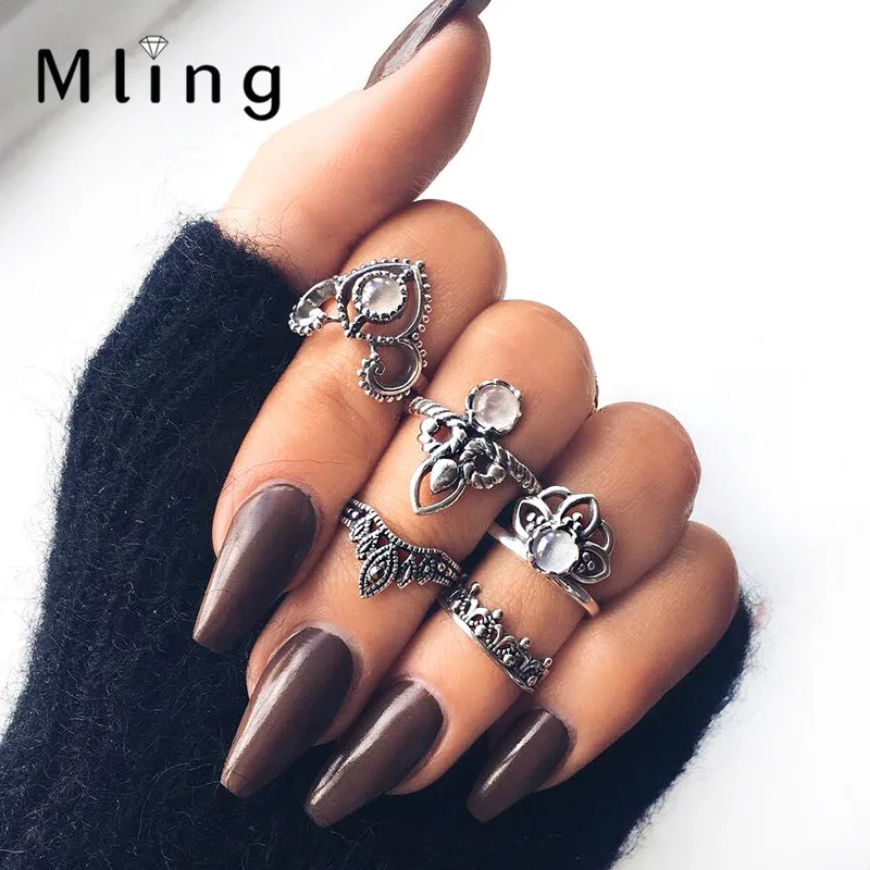 Mling 5 Pcs/set Ethnic Bohemia Flower Crown Crystal Knuckle Ring Set for Women Girls Party Dress Accessories Anniversary Gifts | Украшения